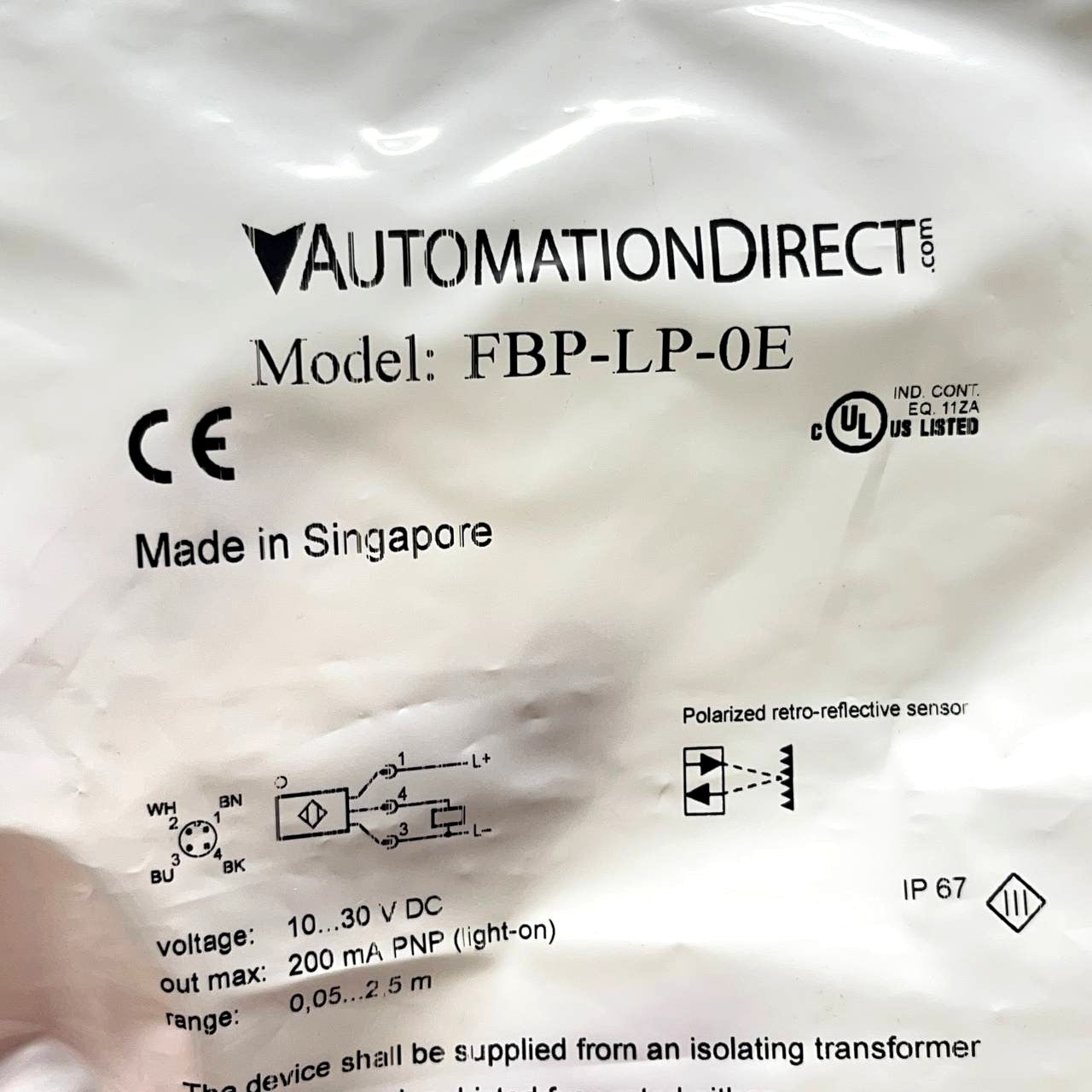 AutomationDirect FBP-LP-0E Polarized Retro-Reflective Sensor 10-30VDC PNP M12