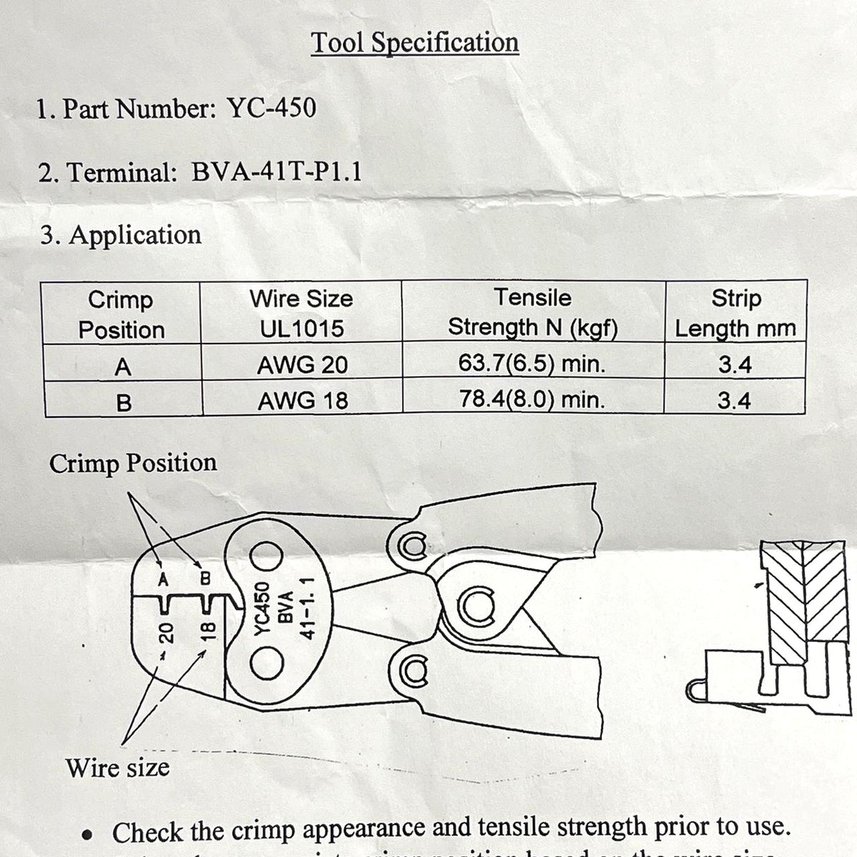 JST YC-450 Hand Crimper for BVA-41T-P1.1 Terminals AWG 20-18