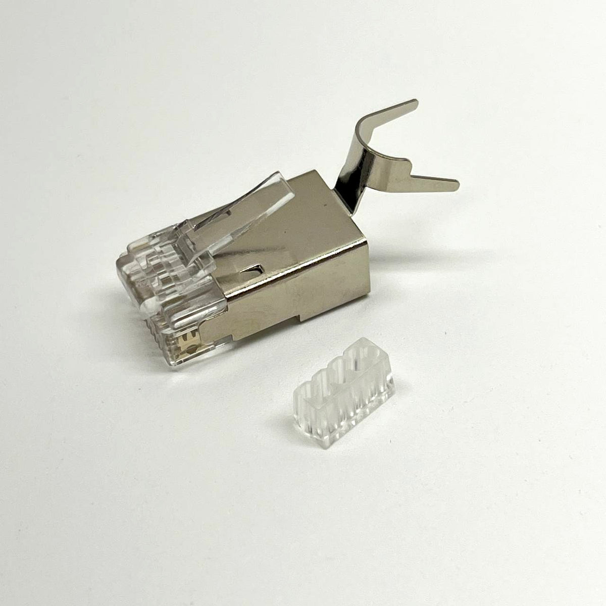 Shielded RJ45 Plug 8P8C Cat6A Pass-Through Connector w/ Grounding Fork