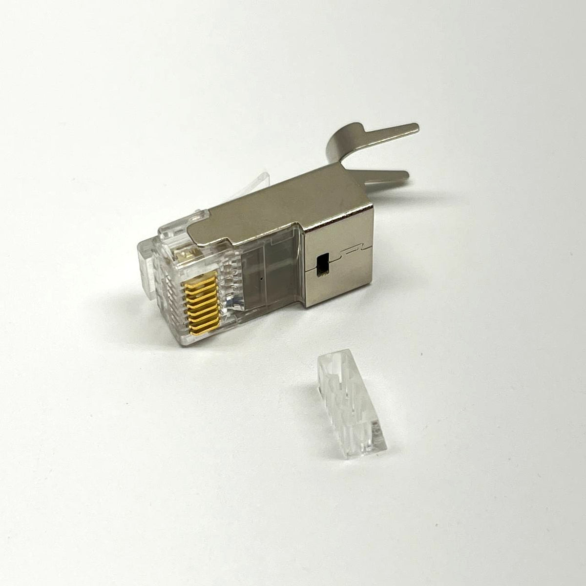 Shielded RJ45 Plug 8P8C Cat6A Pass-Through Connector w/ Grounding Fork