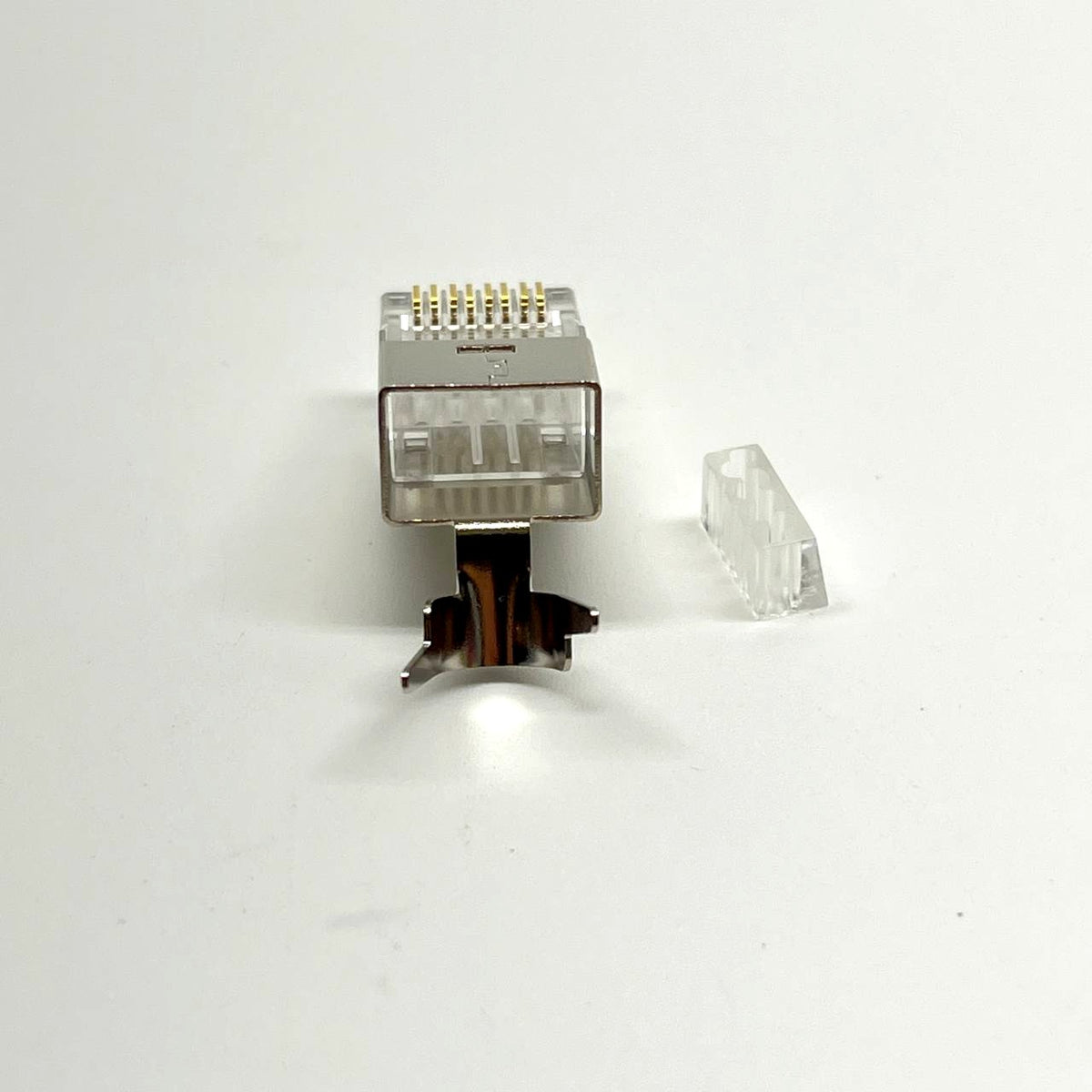 Shielded RJ45 Plug 8P8C Cat6A Pass-Through Connector w/ Grounding Fork