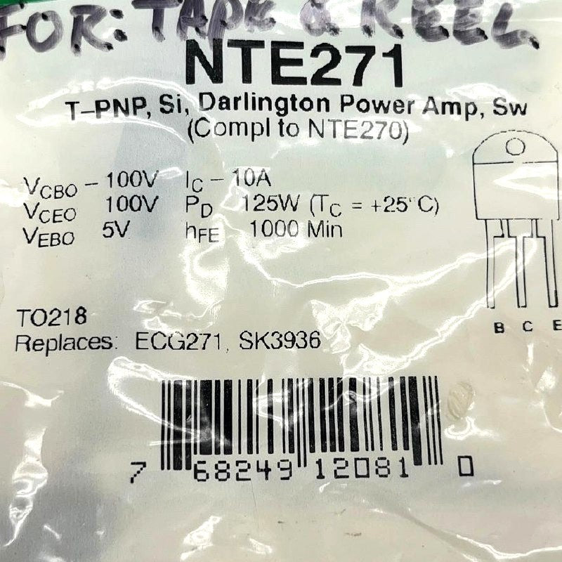 NTE271 PNP Darlington Power Transistor TO-218 10A 100V w/ Cable