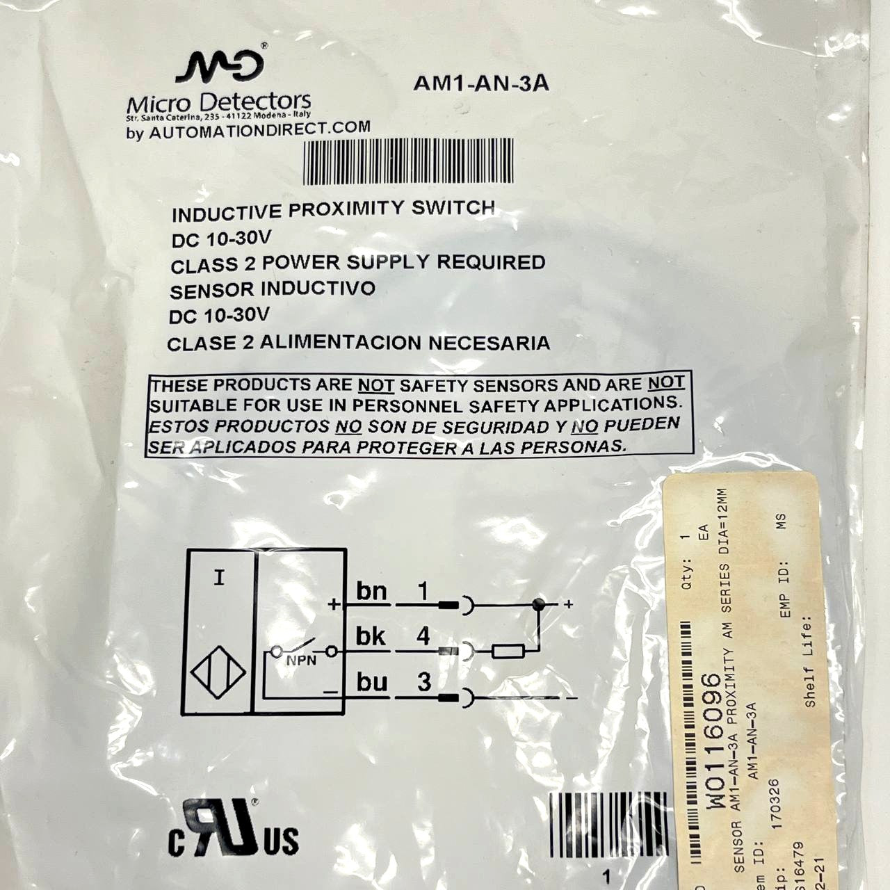 Micro Detectors AM1-AN-3A Inductive Proximity Sensor M12 10-30V NPN NO