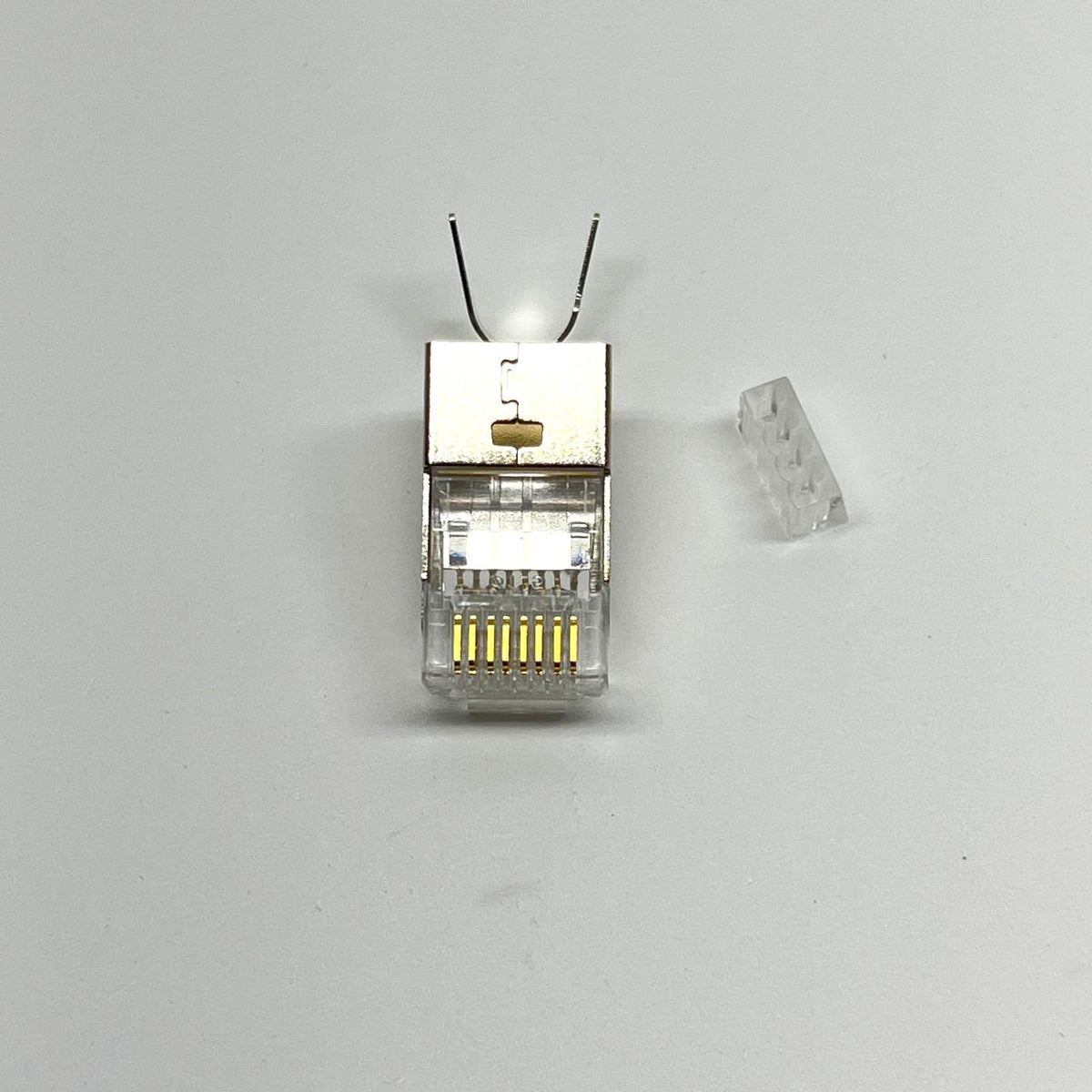 Shielded RJ45 Plug 8P8C Cat6A Pass-Through Connector w/ Grounding Fork