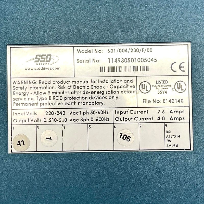 SSD Drives 631/004/230/F/00 Servo Drive 220-240VAC 4.0A