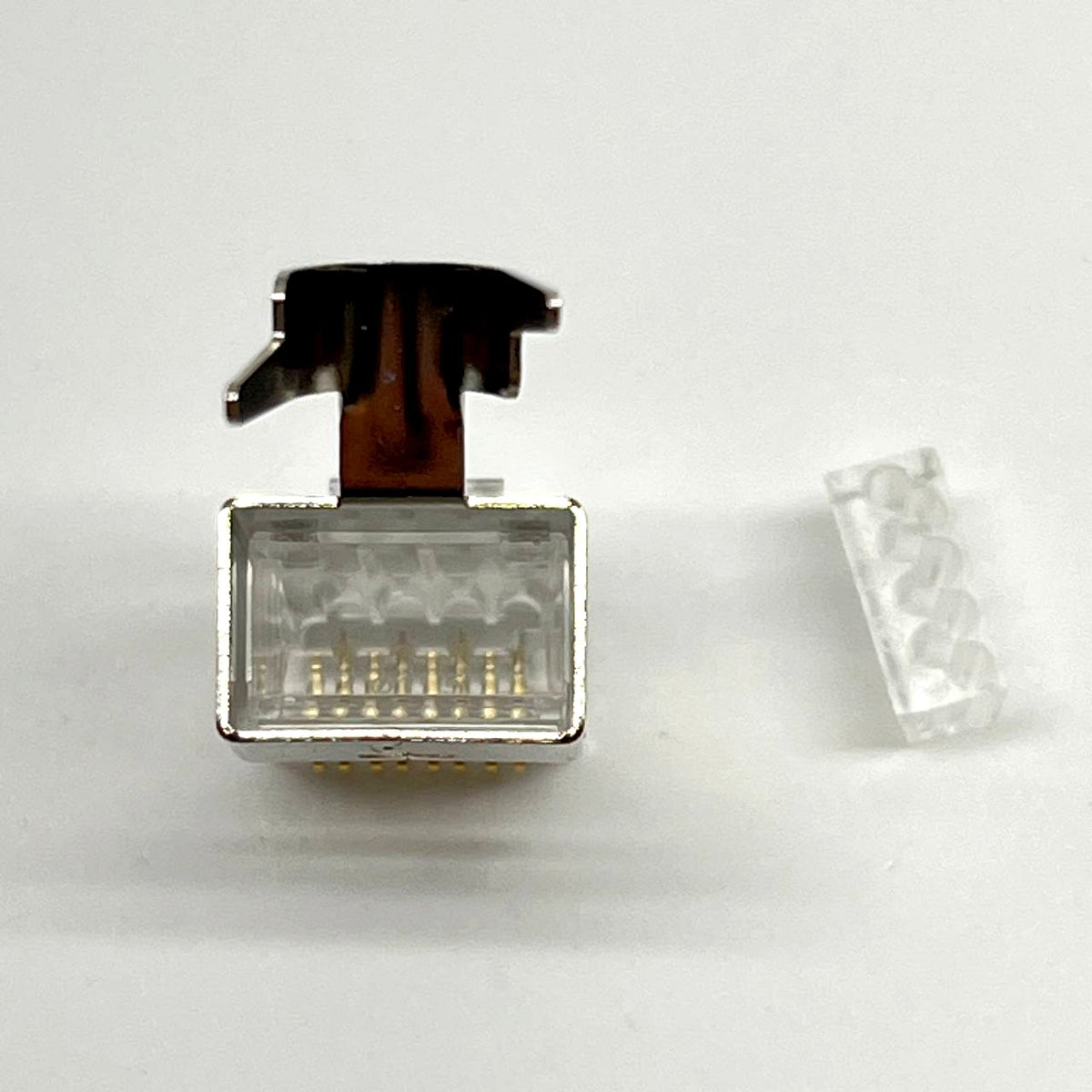 Shielded RJ45 Plug 8P8C Cat6A Pass-Through Connector w/ Grounding Fork