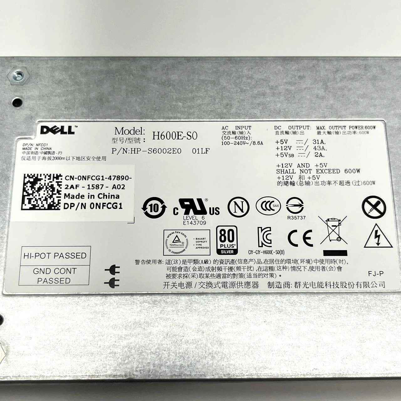Dell H600E-S0 600W Hot-Plug Power Supply HP-S6002E0 0NFCG1 80Plus Silver