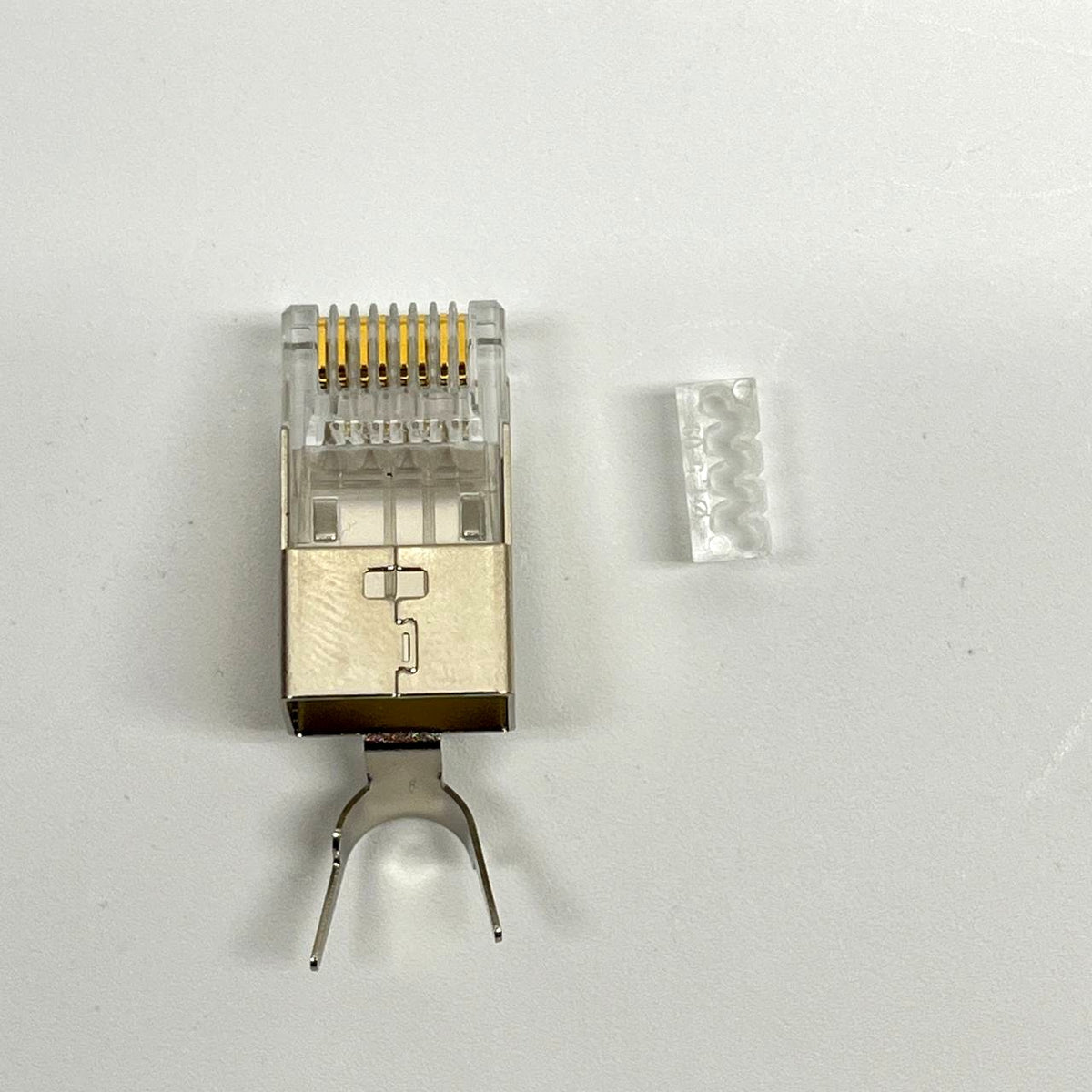 Shielded RJ45 Plug 8P8C Cat6A Pass-Through Connector w/ Grounding Fork