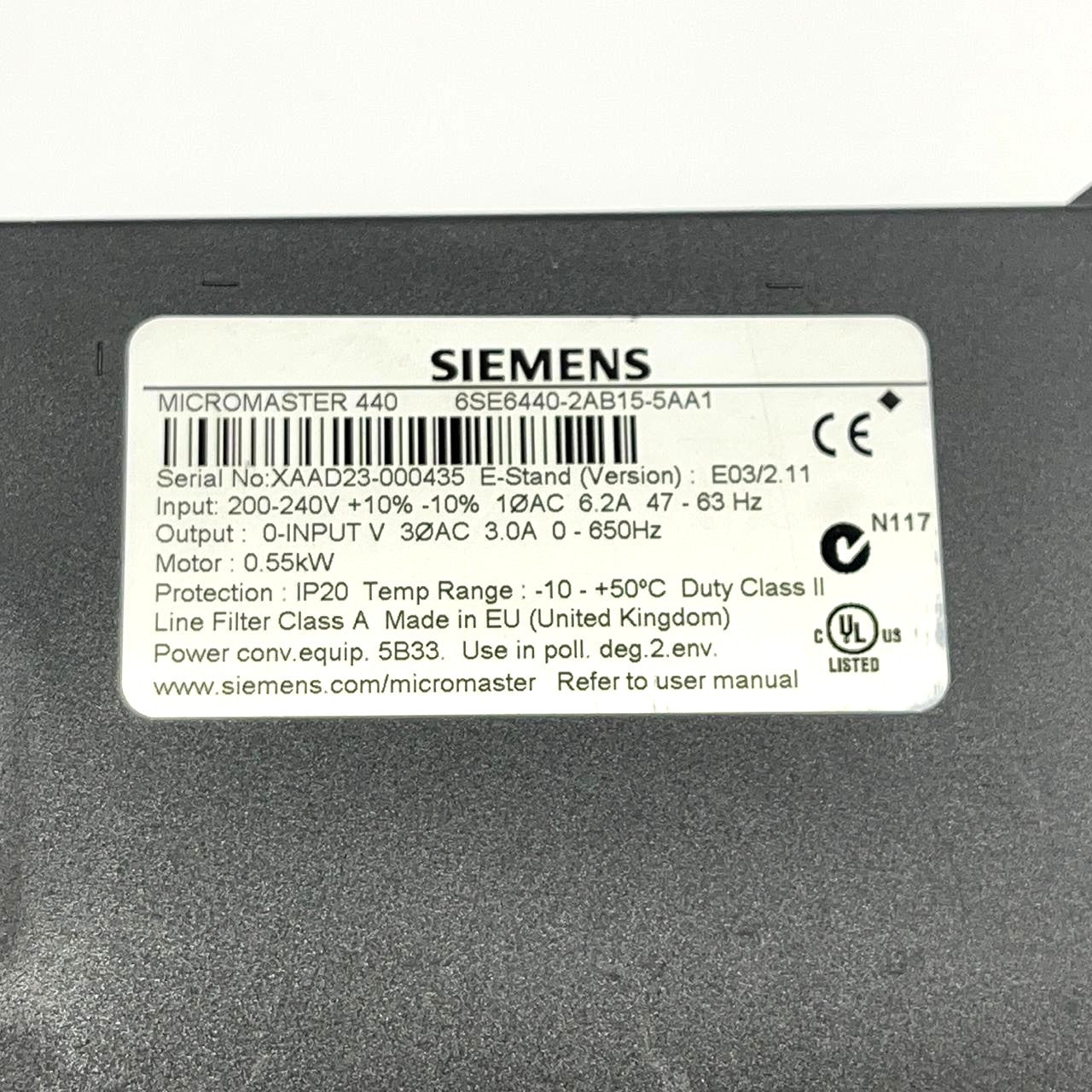 Siemens MICROMASTER 440 Inverter 6SE6440-2AB15-5AA1 200-240V 0.55kW
